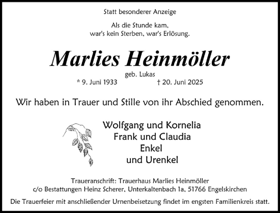 Anzeige von Marlies Heinmöller von  Anzeigen Echo 