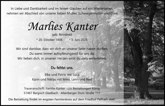 Anzeige von Marlies Kanter von  Bergisches Handelsblatt 