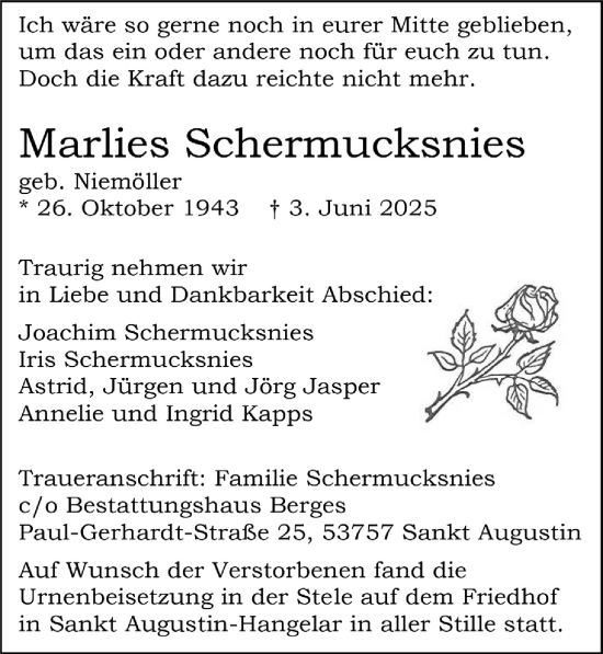 Anzeige von Marlies Schermucksnies von  Extra Blatt 