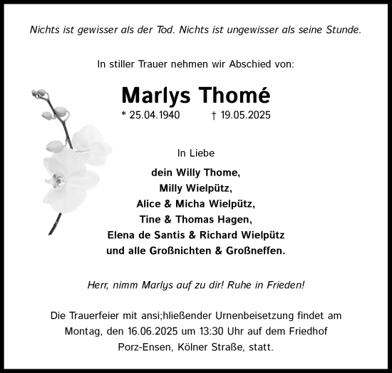 Anzeige von Marlys Thomé von Kölner Stadt-Anzeiger / Kölnische Rundschau / Express