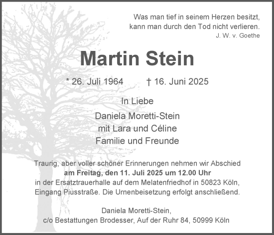 Anzeige von Martin Stein von Kölner Stadt-Anzeiger / Kölnische Rundschau / Express