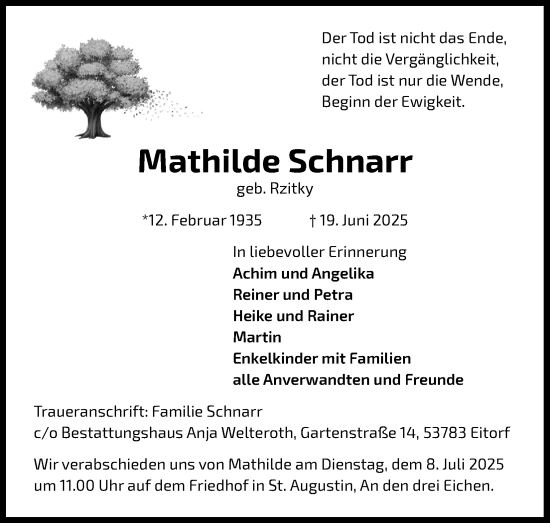 Anzeige von Mathilde Schnarr von Kölner Stadt-Anzeiger / Kölnische Rundschau / Express