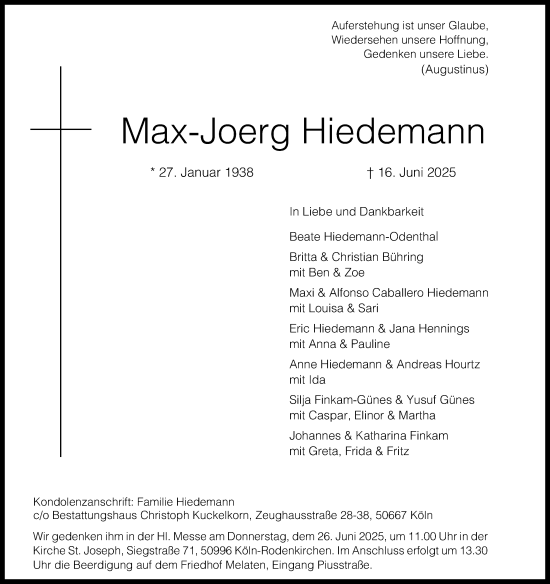 Anzeige von Max-Joerg Hiedemann von Kölner Stadt-Anzeiger / Kölnische Rundschau / Express