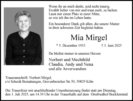 Anzeige von Mia Mirgel von Kölner Stadt-Anzeiger / Kölnische Rundschau / Express