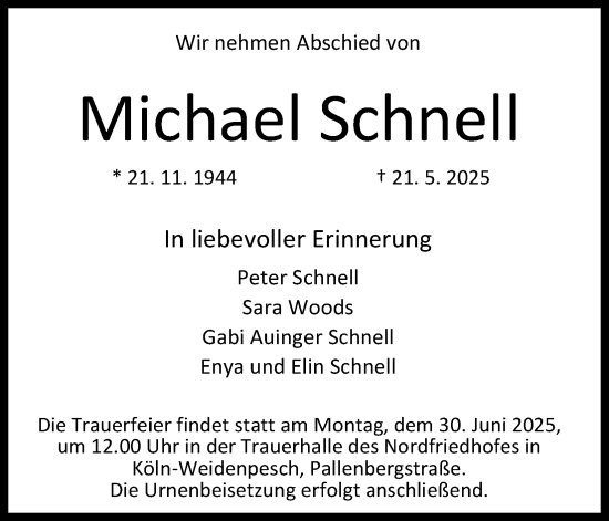 Anzeige von Michael Schnell von Kölner Stadt-Anzeiger / Kölnische Rundschau / Express