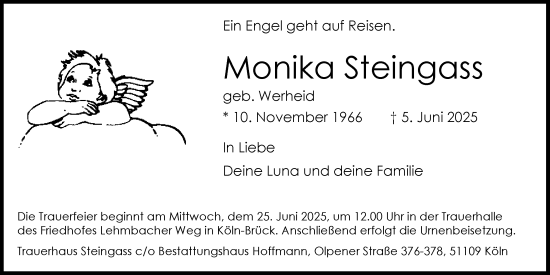 Anzeige von Monika Steingass von Kölner Stadt-Anzeiger / Kölnische Rundschau / Express