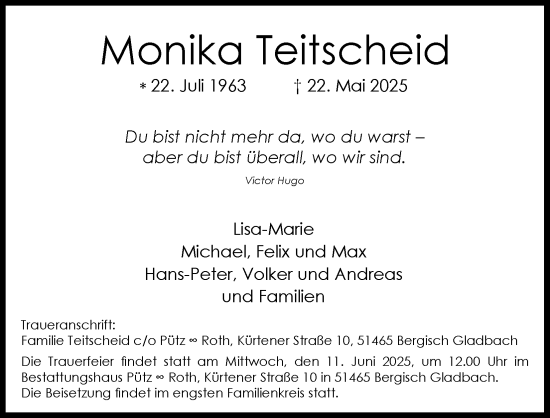 Anzeige von Monika Teitscheid von Kölner Stadt-Anzeiger / Kölnische Rundschau / Express