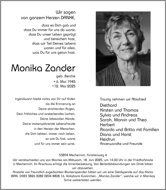 Anzeige von Monika Zander von  Blickpunkt Euskirchen 
