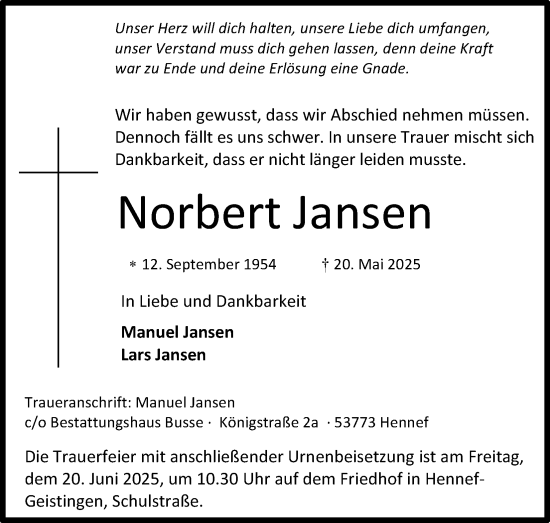 Anzeige von Norbert Jansen von Kölner Stadt-Anzeiger / Kölnische Rundschau / Express