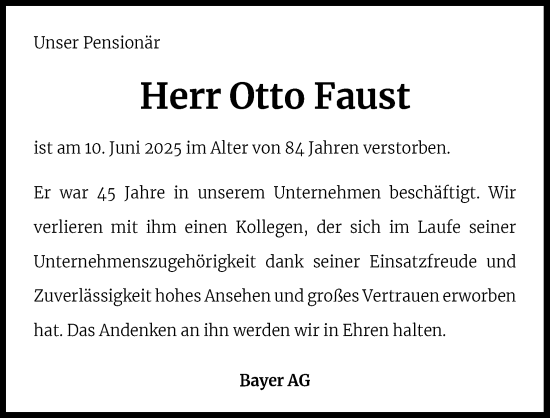 Anzeige von Otto Faust von Kölner Stadt-Anzeiger / Kölnische Rundschau / Express