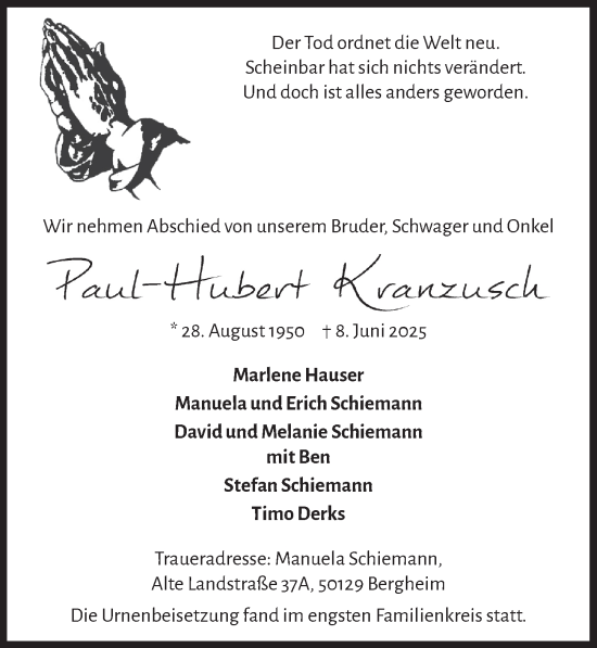 Anzeige von Paul-Hubert Kranzusch von  Werbepost 