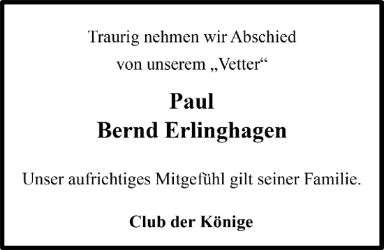 Anzeige von Paul Bernd Erlinghagen von  Anzeigen Echo 
