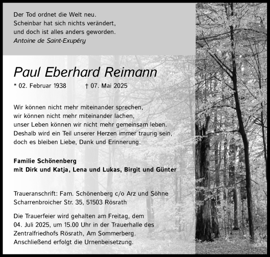 Anzeige von Paul Eberhard Reimann von Kölner Stadt-Anzeiger / Kölnische Rundschau / Express