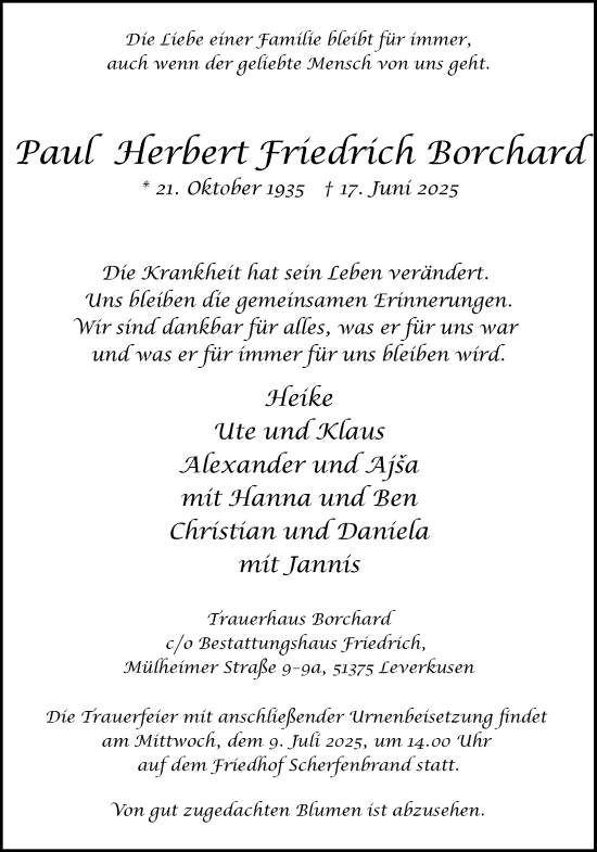 Anzeige von Paul Herbert Friedrich Borchard von Kölner Stadt-Anzeiger / Kölnische Rundschau / Express