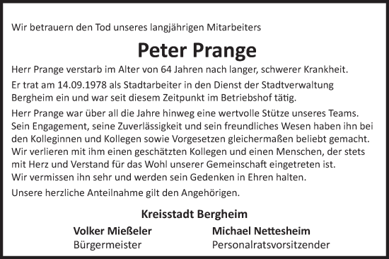 Anzeige von Peter Prange von  Werbepost 