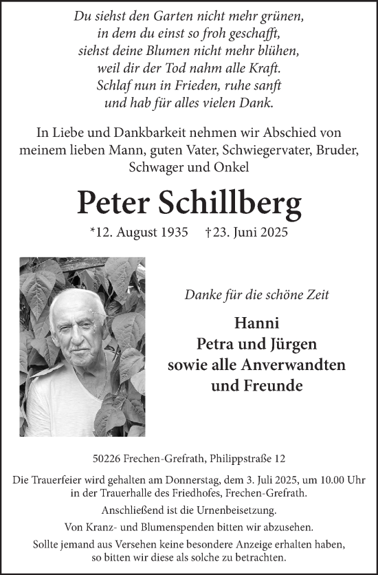Anzeige von Peter Schillberg von  Wochenende 