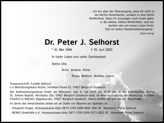 Anzeige von Peter Selhorst von Kölner Stadt-Anzeiger / Kölnische Rundschau / Express