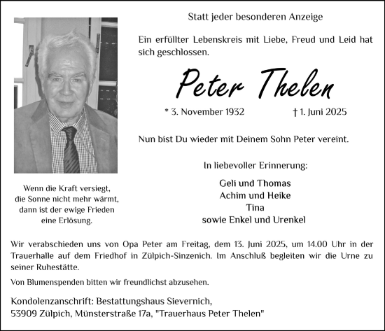 Anzeige von Peter Thelen von  Blickpunkt Euskirchen 