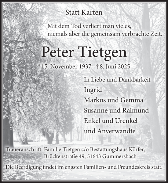 Anzeige von Peter Tietgen von  Anzeigen Echo 
