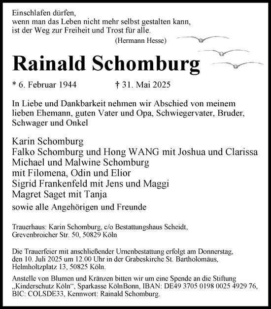 Anzeige von Rainald Schomburg von Kölner Stadt-Anzeiger / Kölnische Rundschau / Express