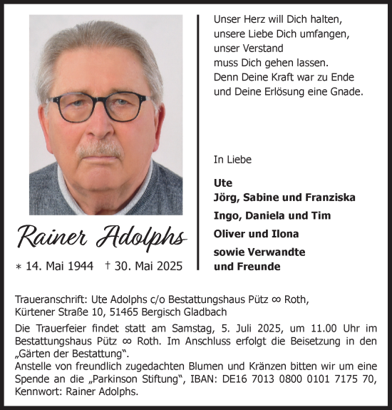 Anzeige von Rainer Adolphs von Kölner Stadt-Anzeiger / Kölnische Rundschau / Express