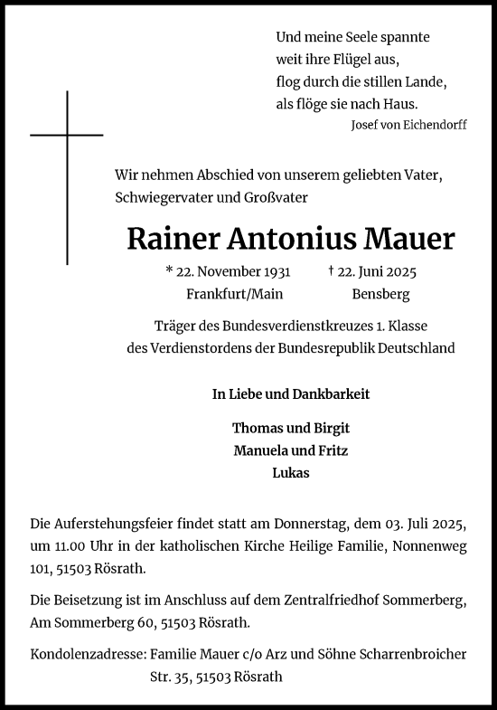 Anzeige von Rainer Antonius Mauer von Kölner Stadt-Anzeiger / Kölnische Rundschau / Express