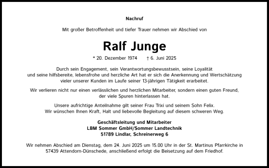 Anzeige von Ralf Junge von Kölner Stadt-Anzeiger / Kölnische Rundschau / Express