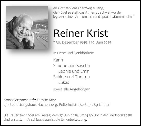 Anzeige von Reiner Krist von  Anzeigen Echo 