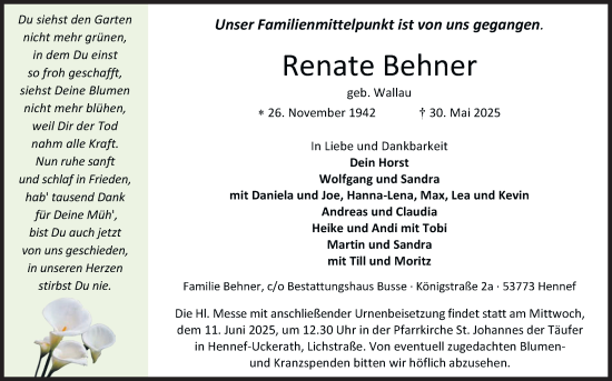 Anzeige von Renate Behner von Kölner Stadt-Anzeiger / Kölnische Rundschau / Express