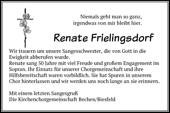 Anzeige von Renate Frielingsdorf von Kölner Stadt-Anzeiger / Kölnische Rundschau / Express