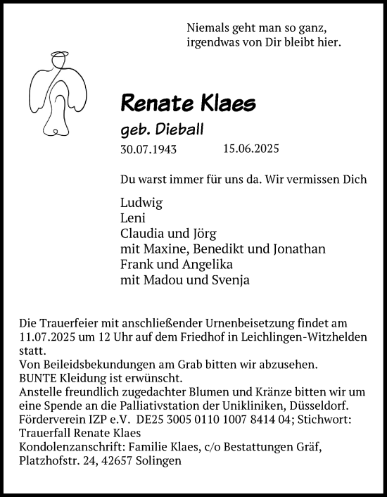 Anzeige von Renate Klaes von Kölner Stadt-Anzeiger / Kölnische Rundschau / Express