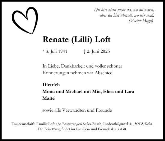 Anzeige von Renate Loft von Kölner Stadt-Anzeiger / Kölnische Rundschau / Express