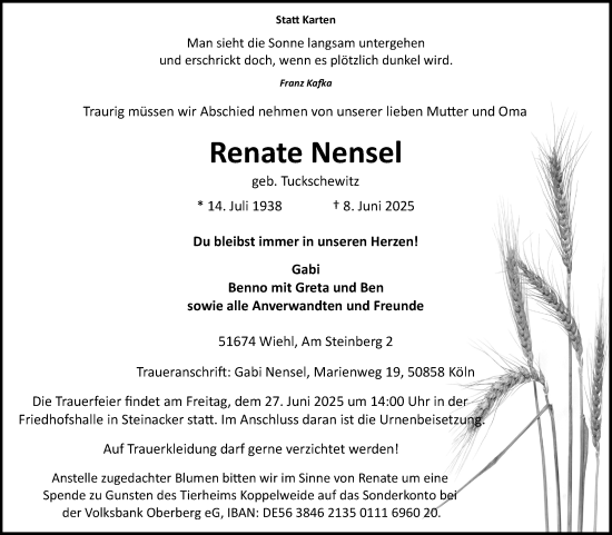 Anzeige von Renate Nensel von Kölner Stadt-Anzeiger / Kölnische Rundschau / Express