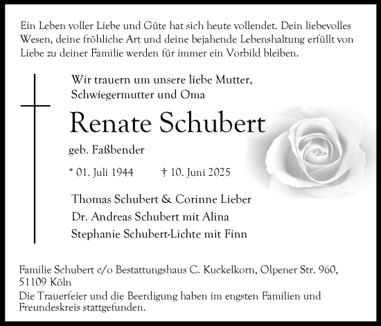 Anzeige von Renate Schubert von Kölner Stadt-Anzeiger / Kölnische Rundschau / Express