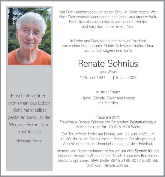Anzeige von Renate Sohnius von  Lokalanzeiger 