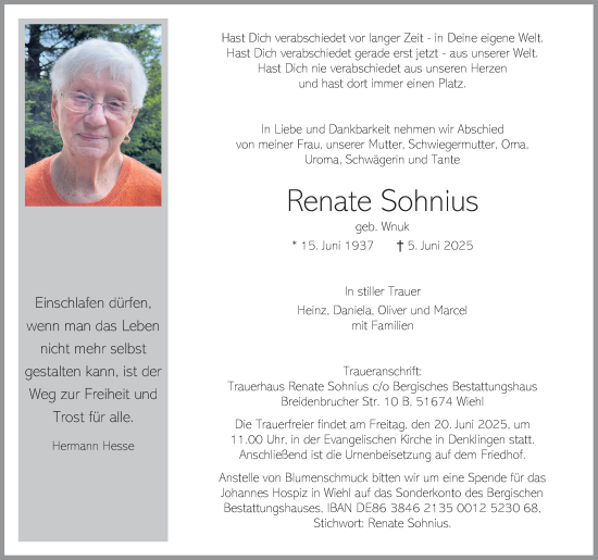 Anzeige von Renate Sohnius von Kölner Stadt-Anzeiger / Kölnische Rundschau / Express