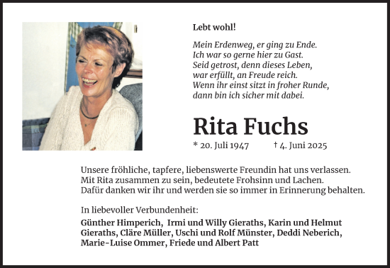 Anzeige von Rita Fuchs von Kölner Stadt-Anzeiger / Kölnische Rundschau / Express