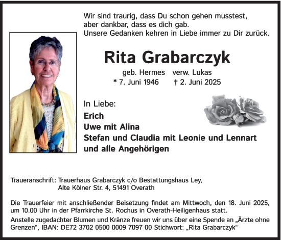 Anzeige von Rita Grabarczyk von Kölner Stadt-Anzeiger / Kölnische Rundschau / Express