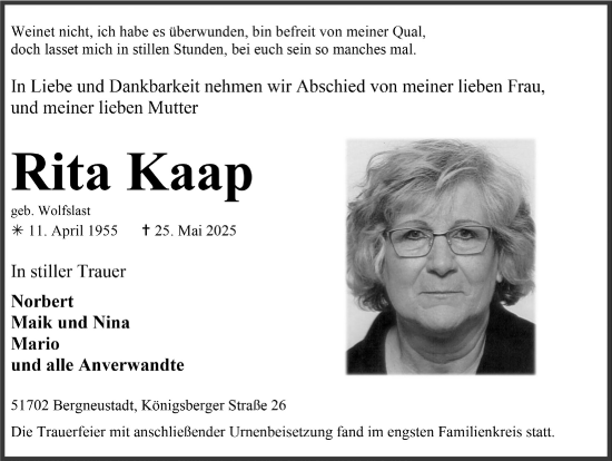 Anzeige von Rita Kaap von  Anzeigen Echo 