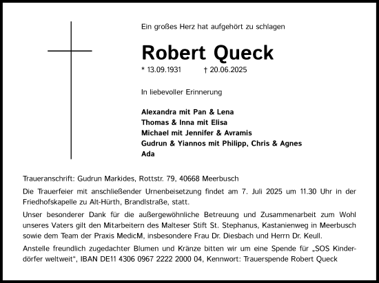 Anzeige von Robert Queck von Kölner Stadt-Anzeiger / Kölnische Rundschau / Express