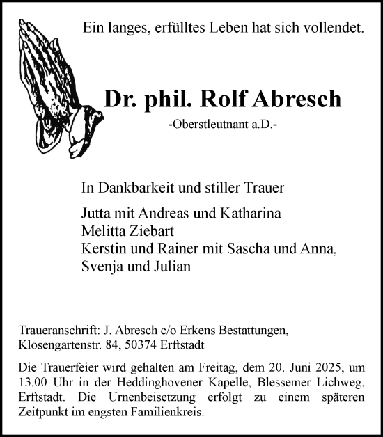 Anzeige von Rolf Abresch von Kölner Stadt-Anzeiger / Kölnische Rundschau / Express