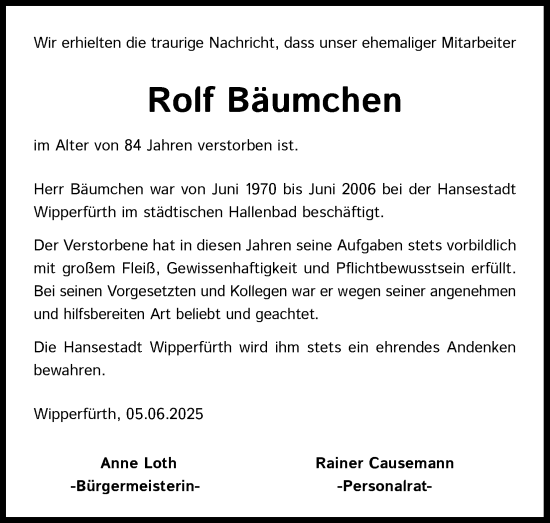 Anzeige von Rolf Bäumchen von Kölner Stadt-Anzeiger / Kölnische Rundschau / Express