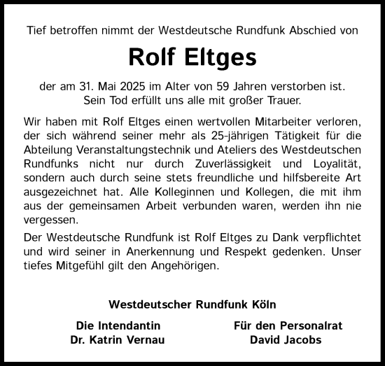 Anzeige von Rolf Eltges von Kölner Stadt-Anzeiger / Kölnische Rundschau / Express