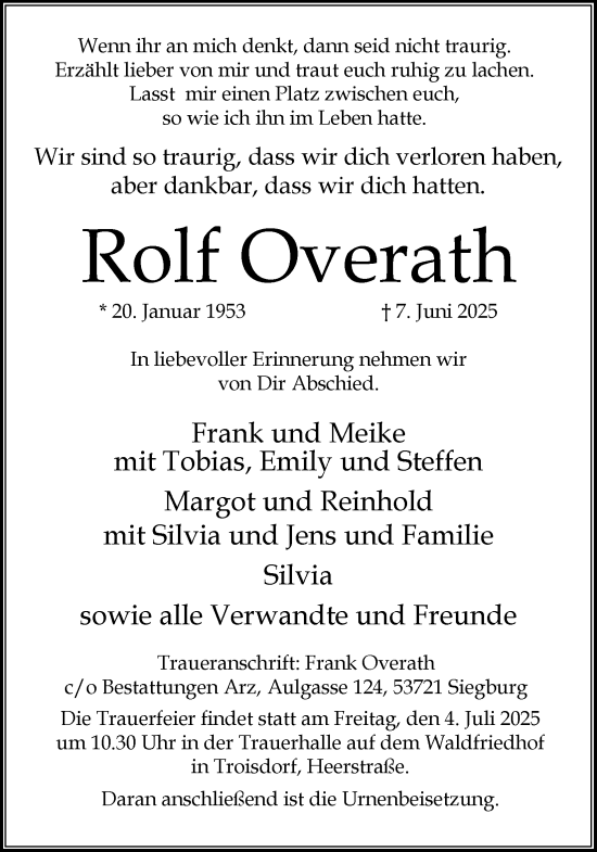 Anzeige von Rolf Overath von Kölner Stadt-Anzeiger / Kölnische Rundschau / Express