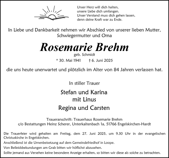 Anzeige von Rosemarie Brehm von  Anzeigen Echo 