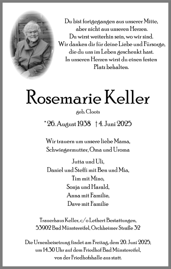 Anzeige von Rosemarie Keller von  Blickpunkt Euskirchen 
