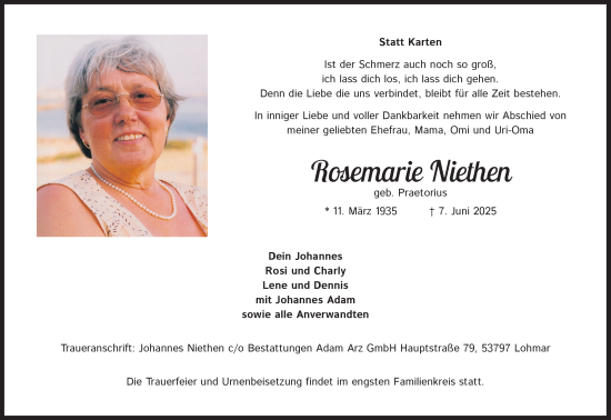 Anzeige von Rosemarie Niethen von Kölner Stadt-Anzeiger / Kölnische Rundschau / Express