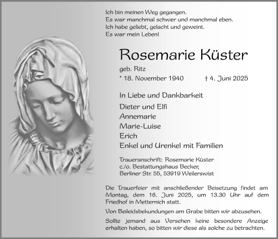Anzeige von Rosemarie Raster von  Blickpunkt Euskirchen 
