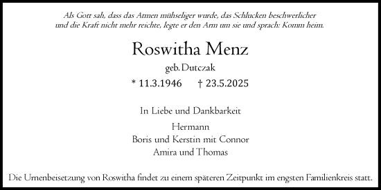 Anzeige von Roswitha Menz von Kölner Stadt-Anzeiger / Kölnische Rundschau / Express