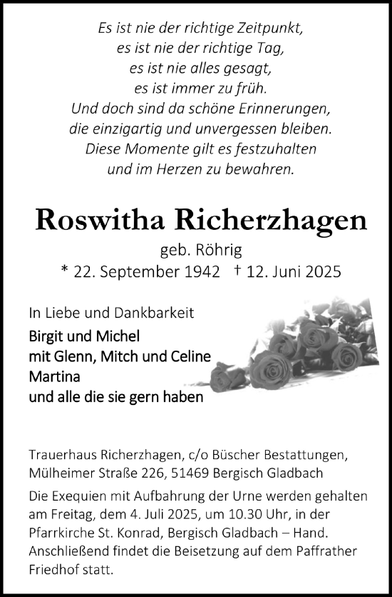 Anzeige von Roswitha Richerzhagen von  Bergisches Handelsblatt 